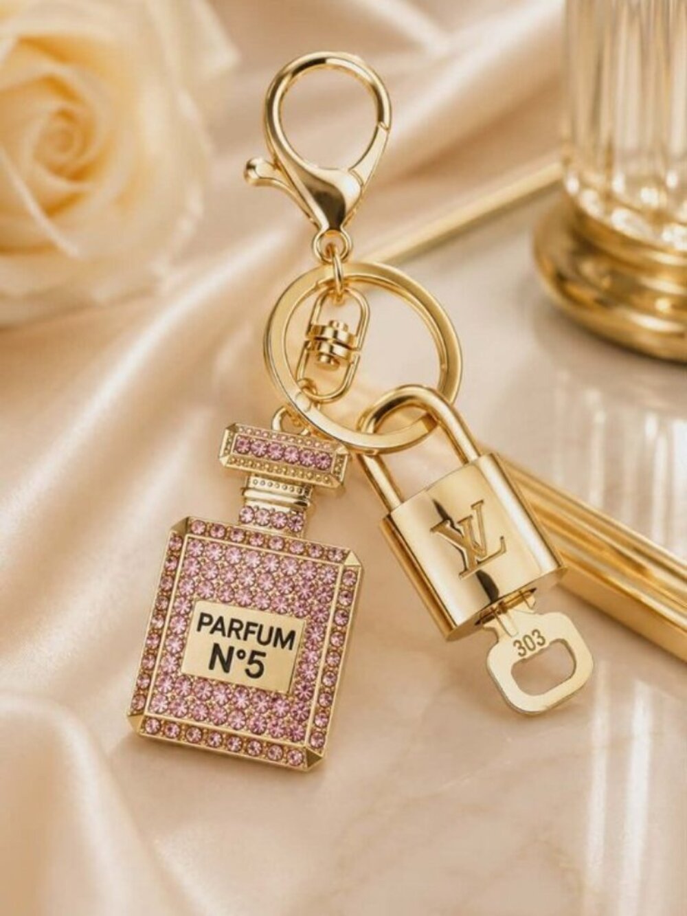 LV Authentic Gold Padlock 🔒 Key Set w/ Unbranded N5 Bottle Keychain Charm